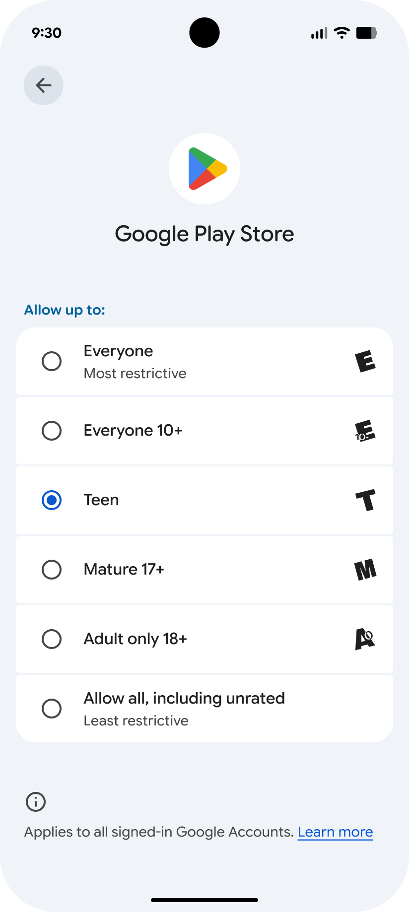Who these parental controls are for selection on Android 17