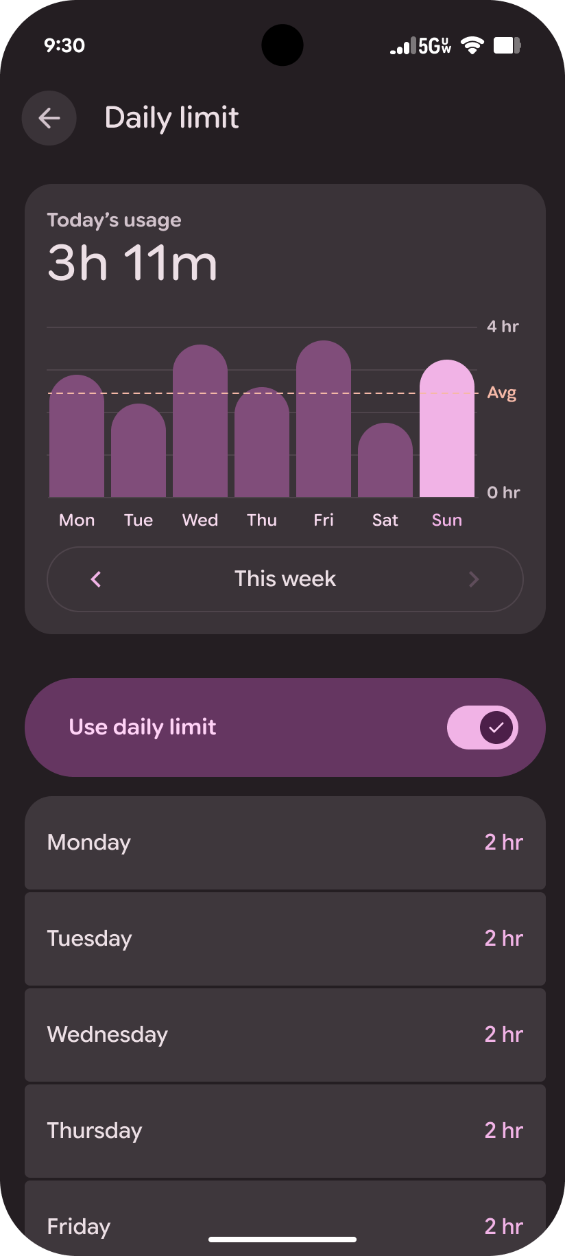 Daily limit set in the parental control settings on Android 17