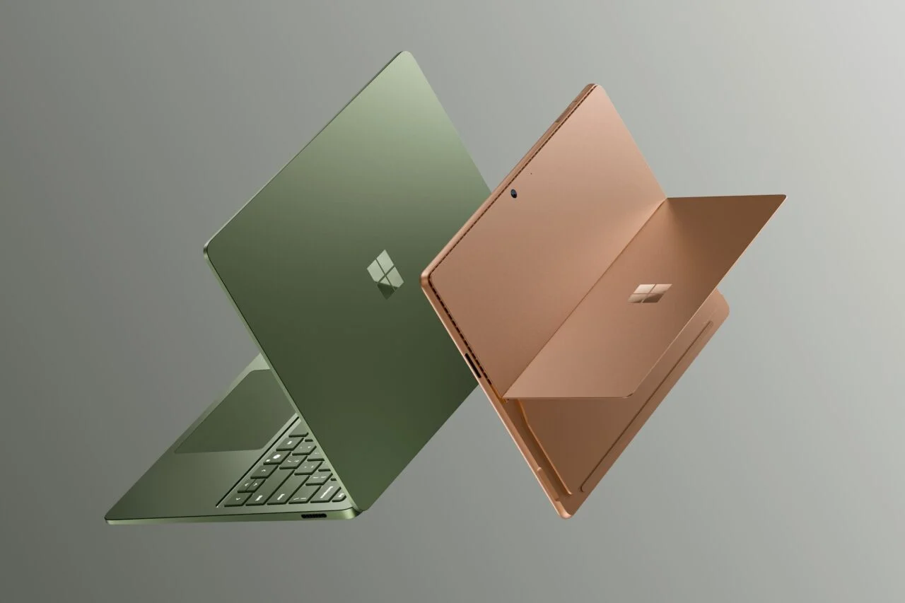 Microsoft Surface Laptop And Surface Pro in green and brown tones showing their backs.