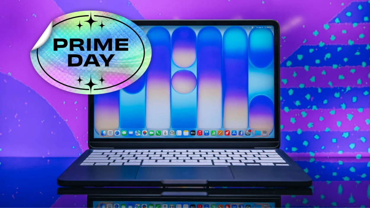 an apple macbook neo with a prime day sticker overlaid on it