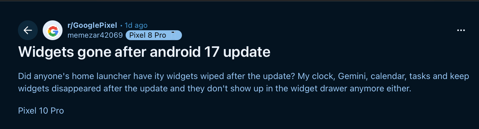 Widgets disappearing after Android 17 update second report Widgets disappearing after Android 17 update second report