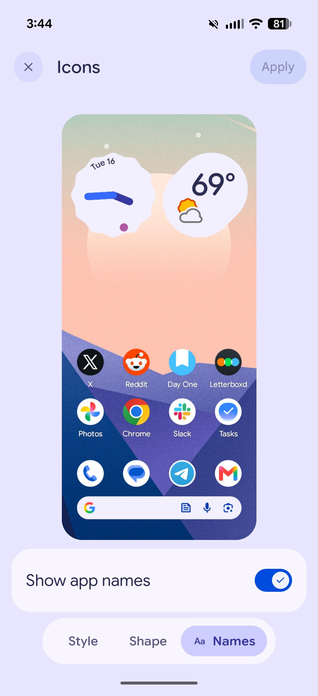 Screenshot showing how to hide app names on Android 17.
