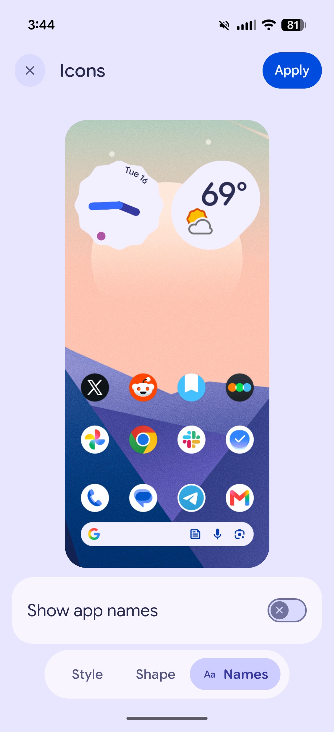 Screenshot showing how to hide app names on Android 17.