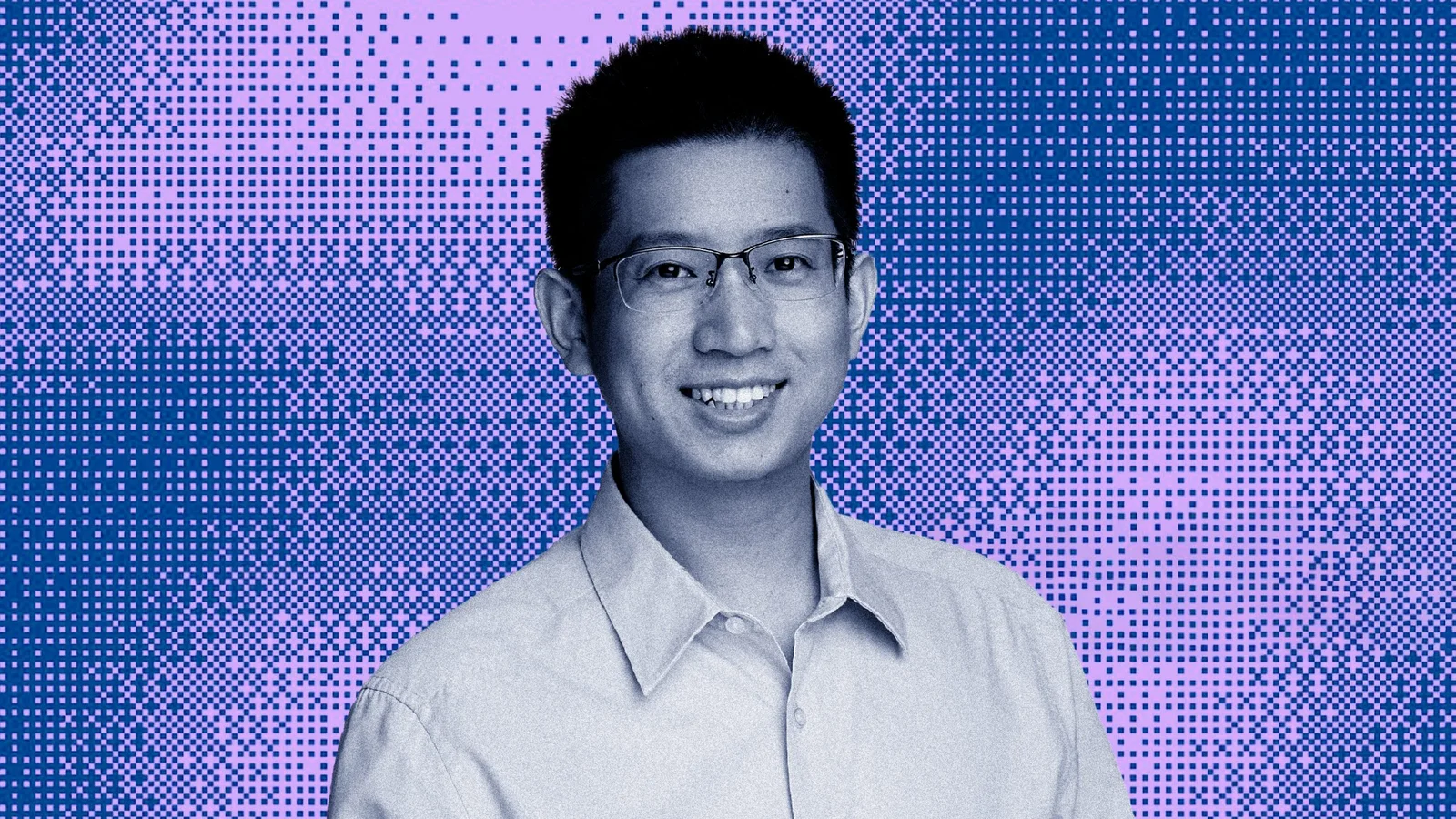 A smiling man with glasses wearing a light blue shirt, set against a stylized purple dotted background.