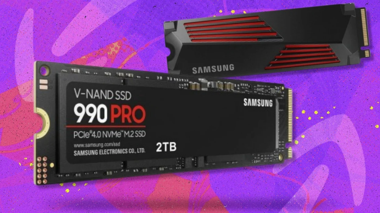 The 2TB Samsung 990 PRO SSD and heatsink a red and purple background