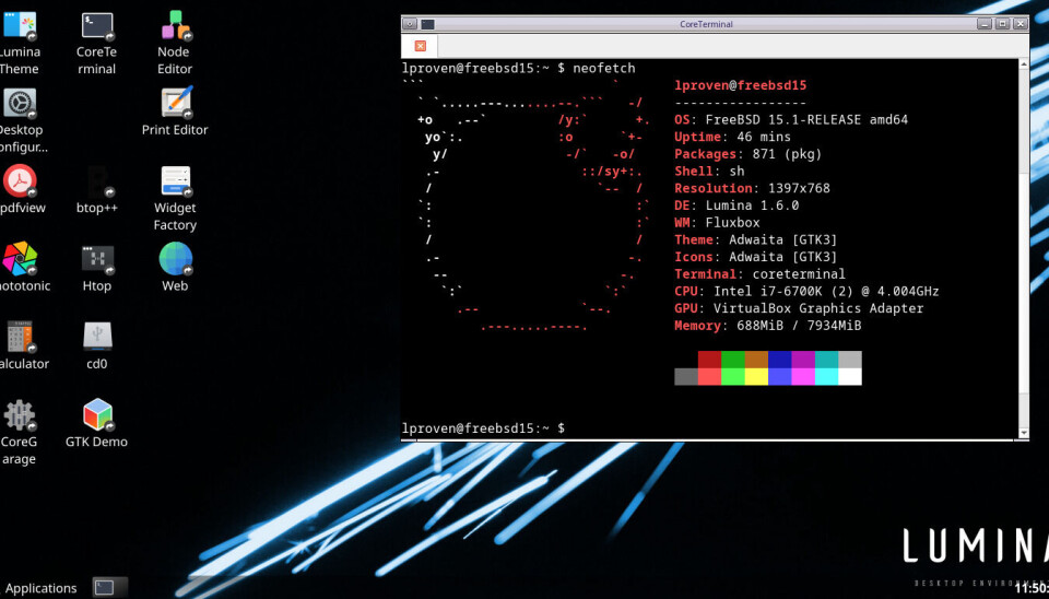 FreeBSD 15.1 showing the Lumina desktop, with CoreTerminal open containing Neofetch.