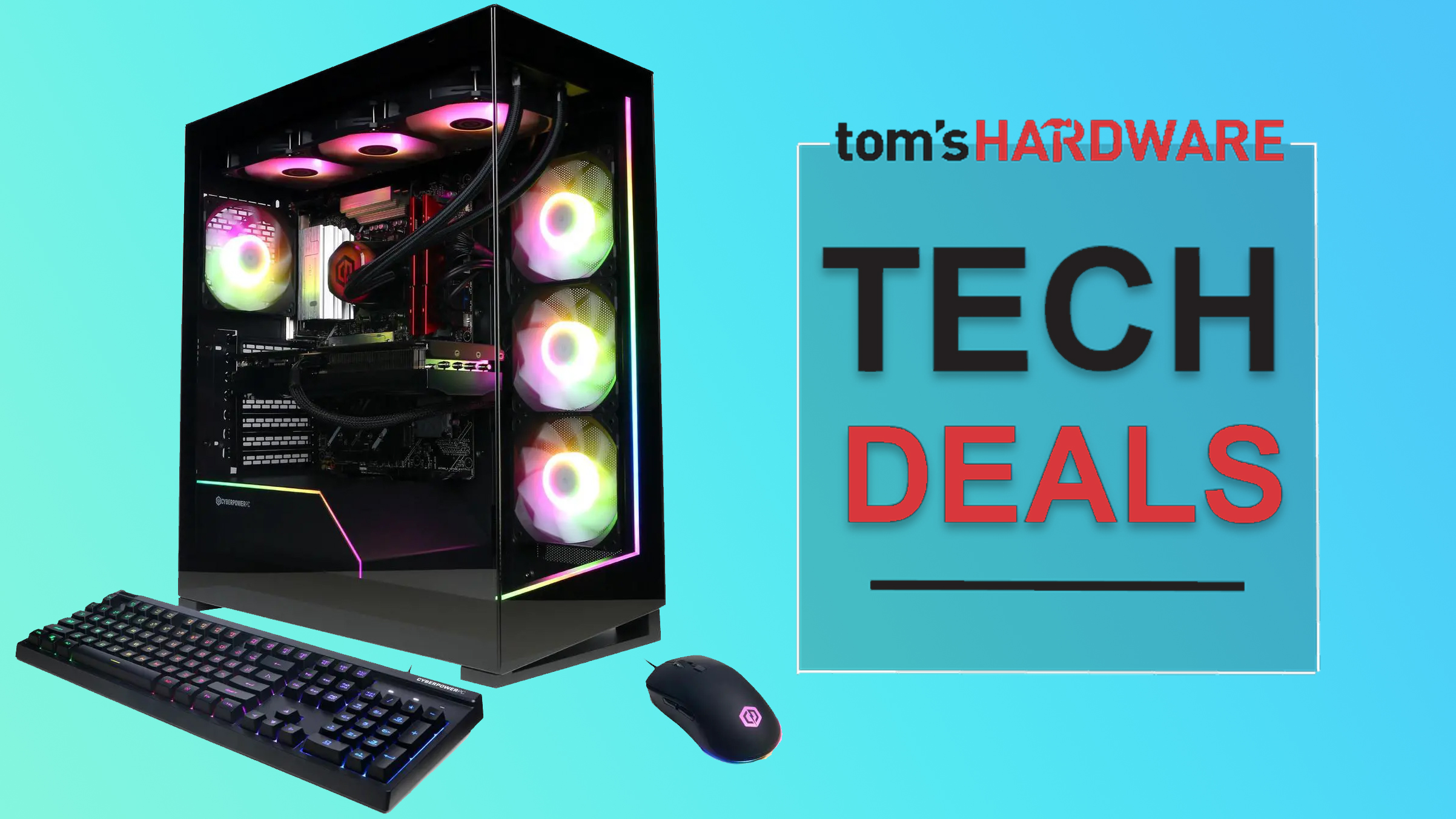 CyberpowerPC RTX 5070 gaming PC on a blue-green background with Tech Deals logo