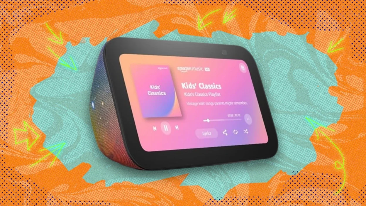 Amazon Echo Show 5 Kids on composite background