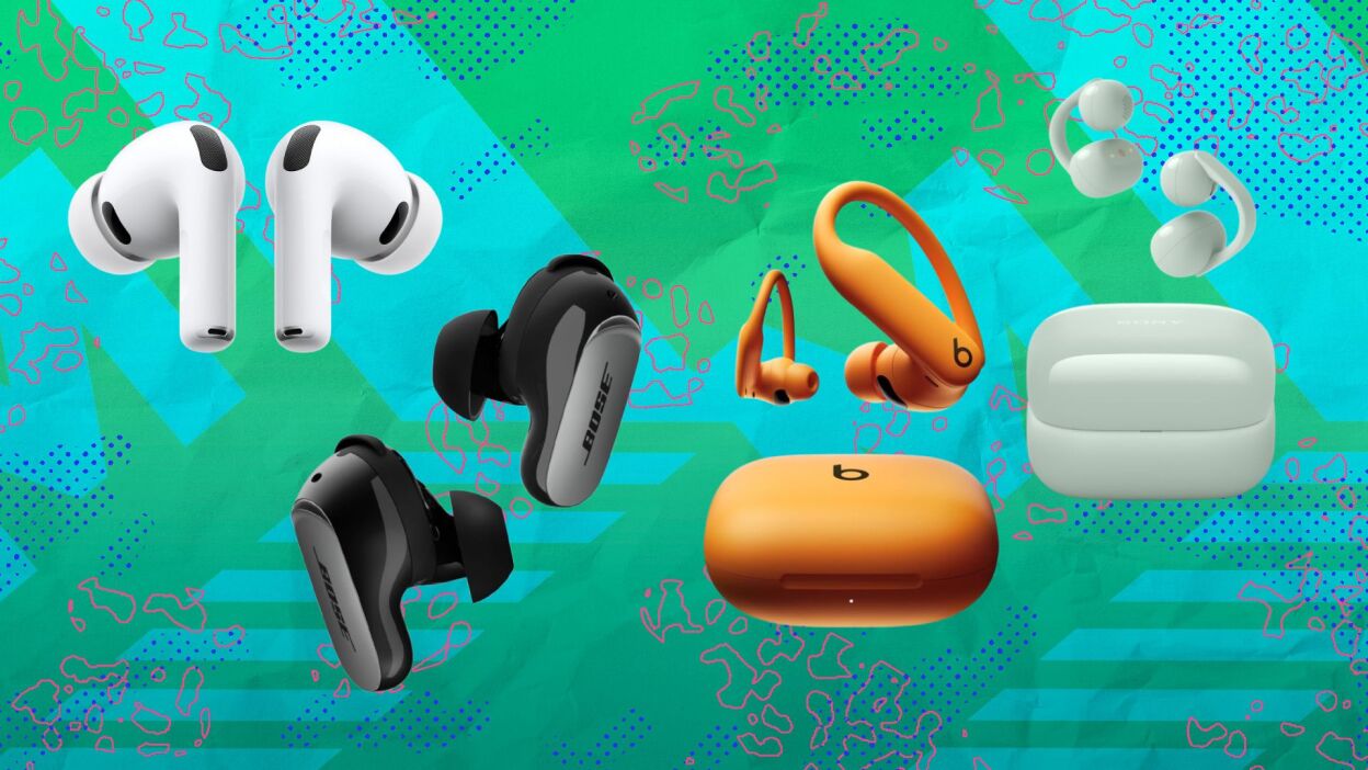 airpods pro 3, bose qc ultra 2 earbuds, beats powerbeats pro 2 earbuds, and sony linkbuds clip on blue and green mashable background