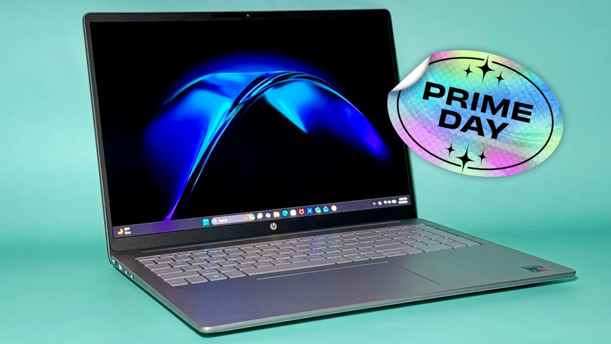 the hp omnibook 3 16 against an aqua background with a prime day sticker on it