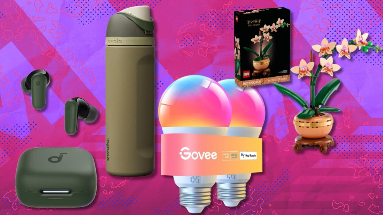 soundcore earbuds, an owala water bottle, govee smart lights, and a lego set on a pink and purple background