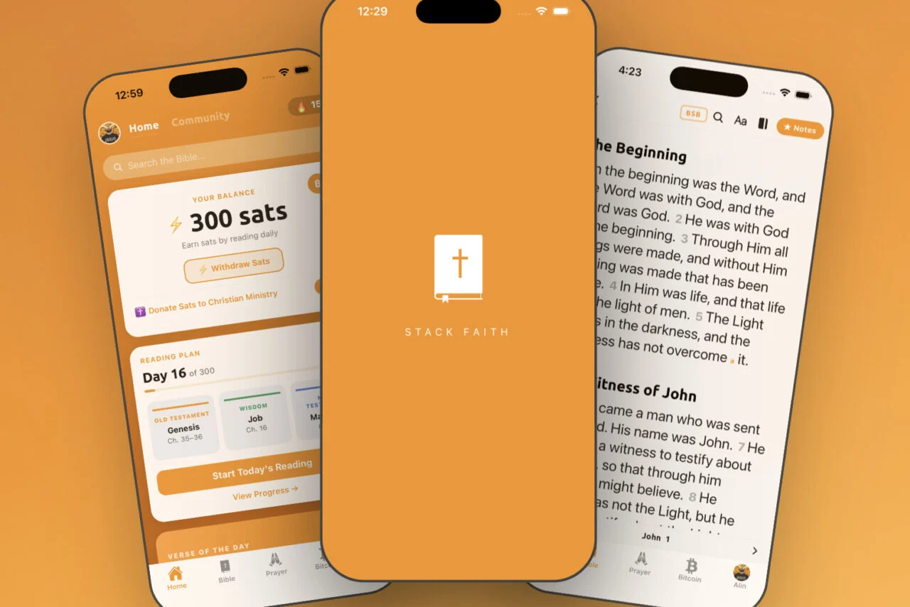 Screenshots of the Orange Bible app open on iPhones