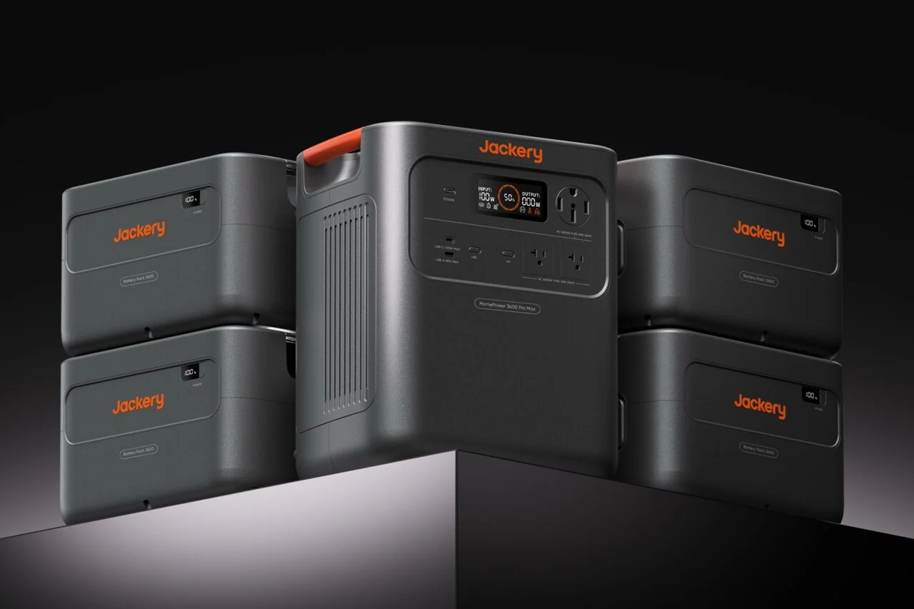 Jackery Homepower 3600 Pro Max with four expansion batteries stacked around it.