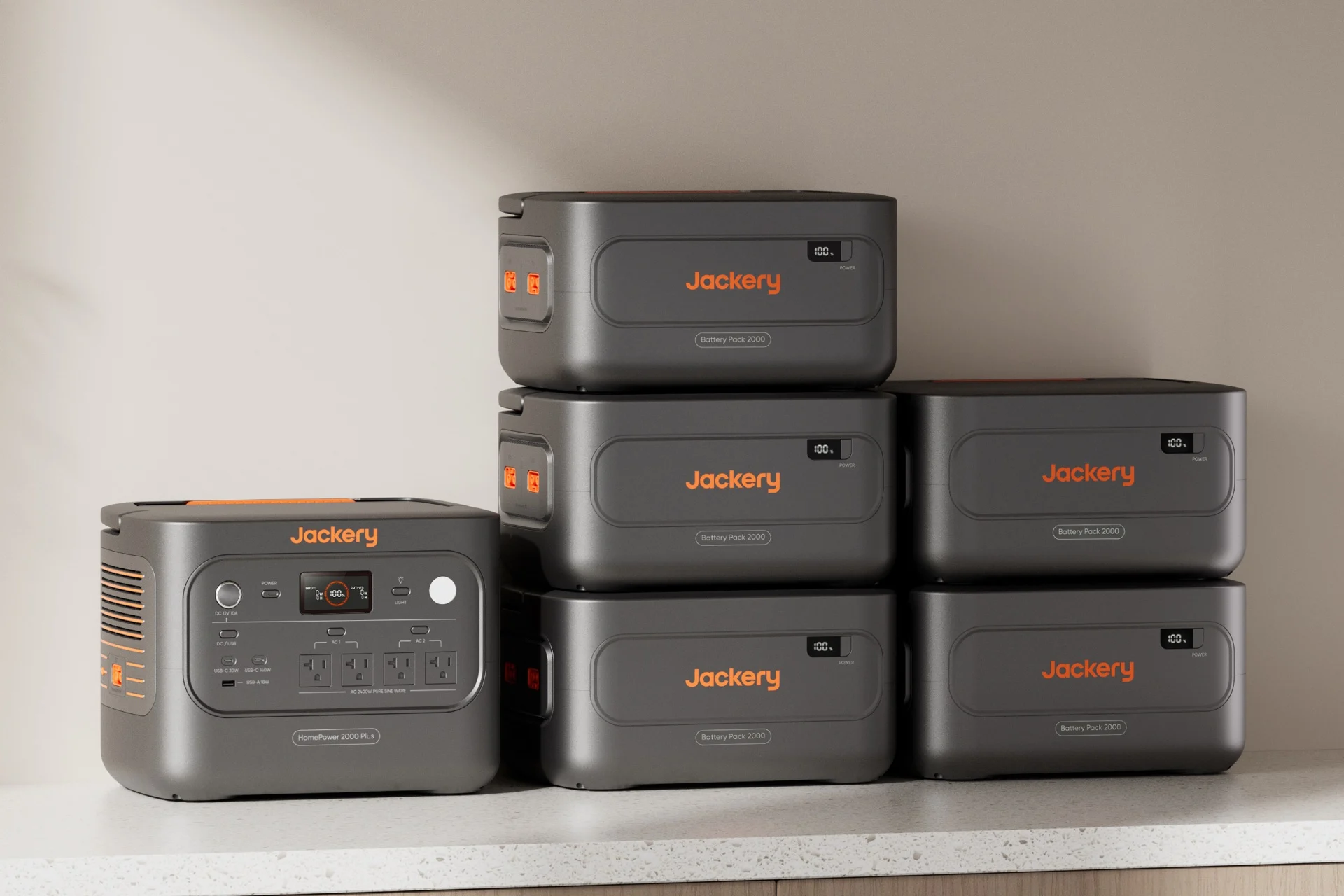 Jackery Homepower 2000 V2 with five expansion batteries stacked up in two stacks next to it.