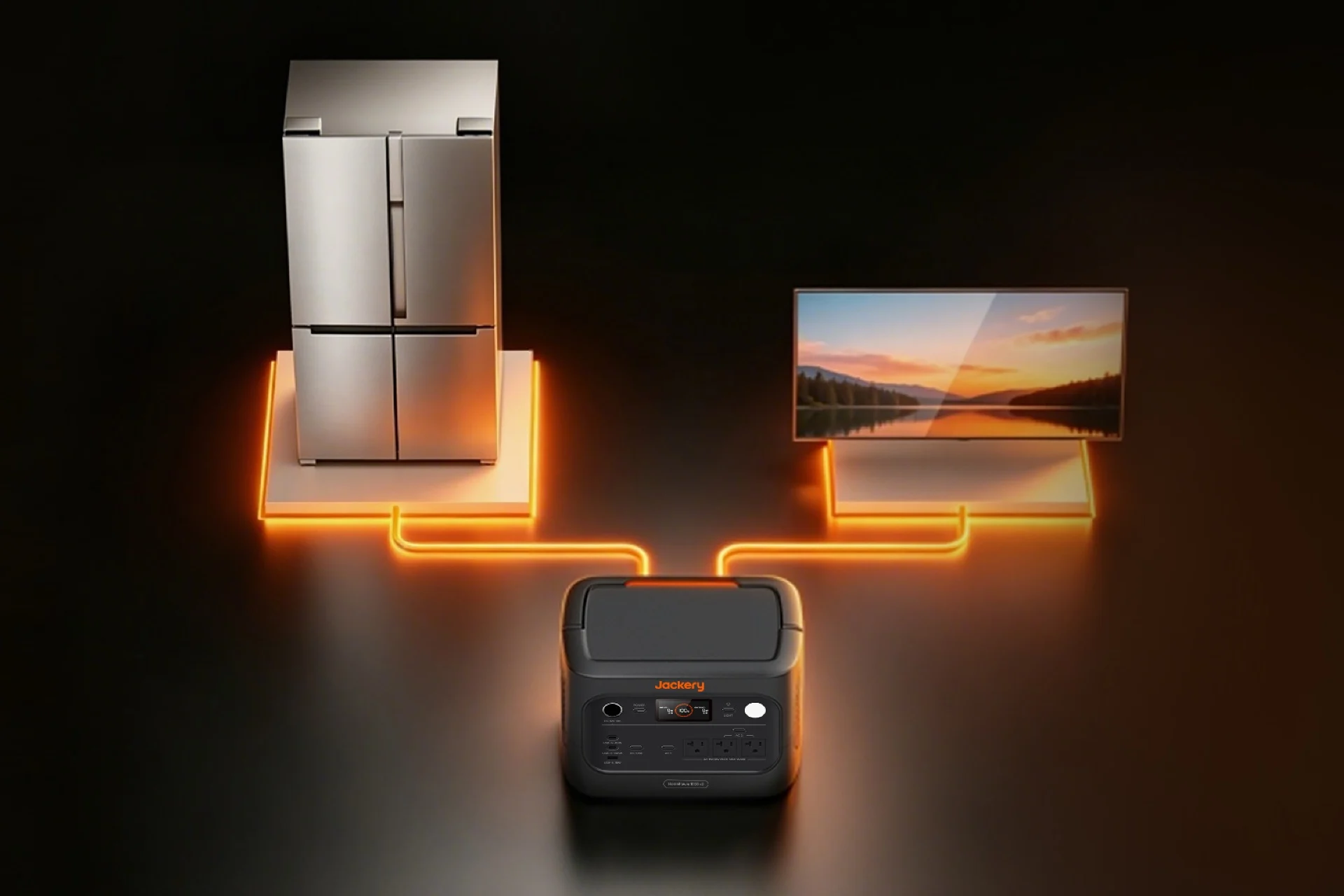 Render of the HomePower 1000 v2 powering a fridge and a TV.