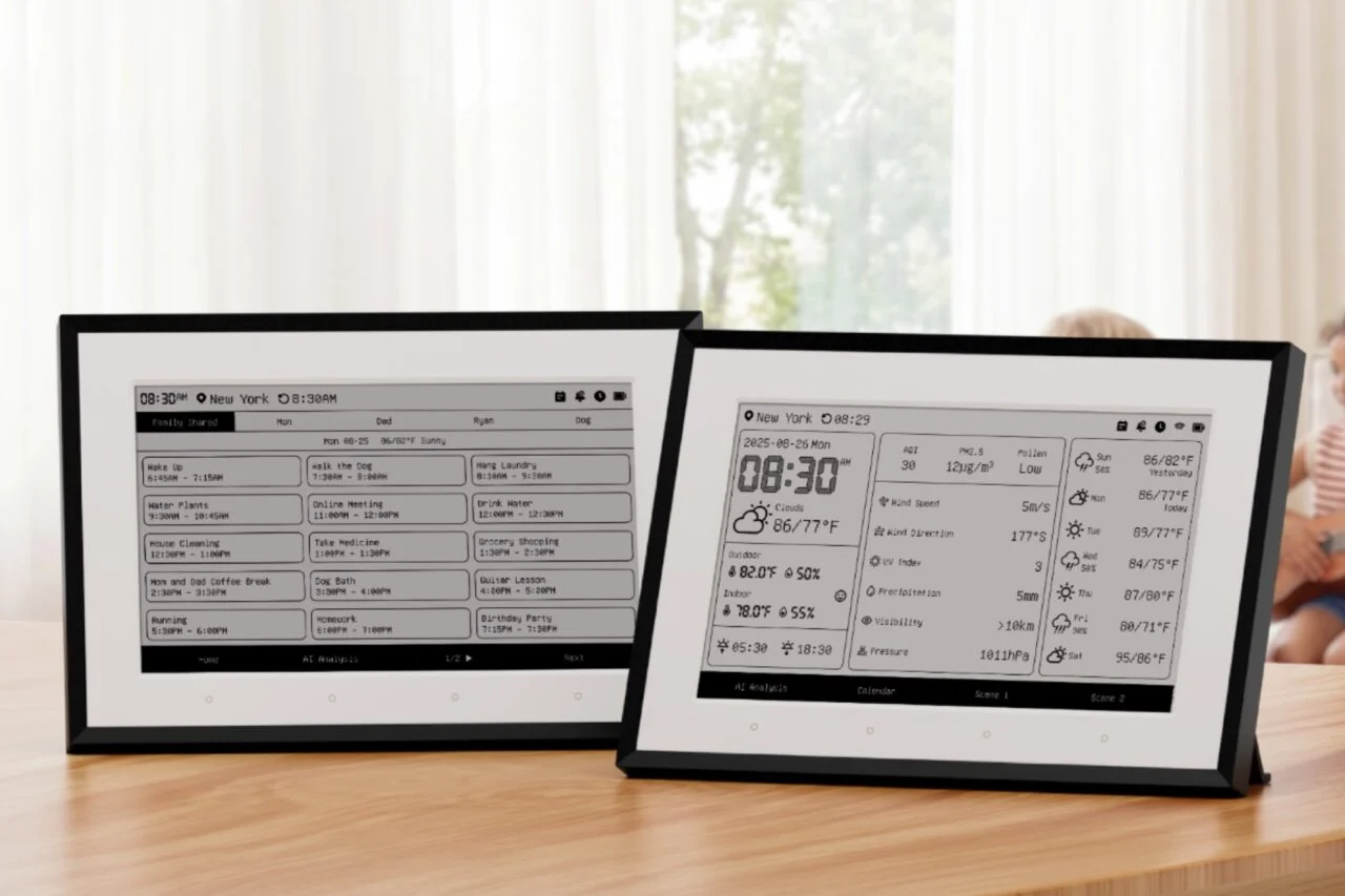 Two SwitchBot Weather Stations, one showing a calendar view and the other weather.