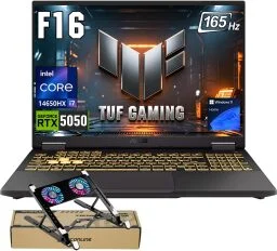 The ASUS TUF F16 gaming laptop with RGB backlight on a white background