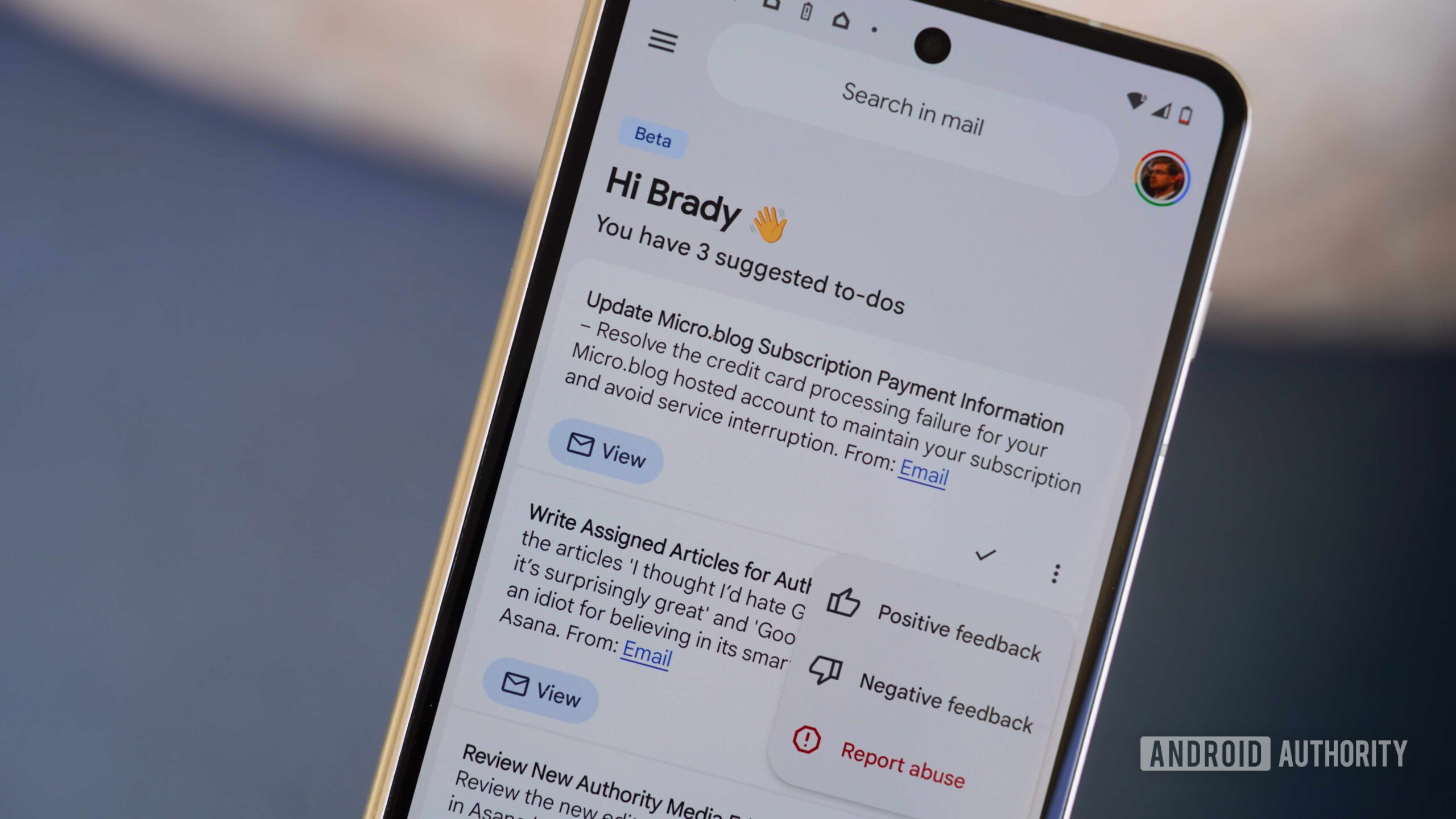 Giving feedback to AI Inbox suggestions in Gmail.