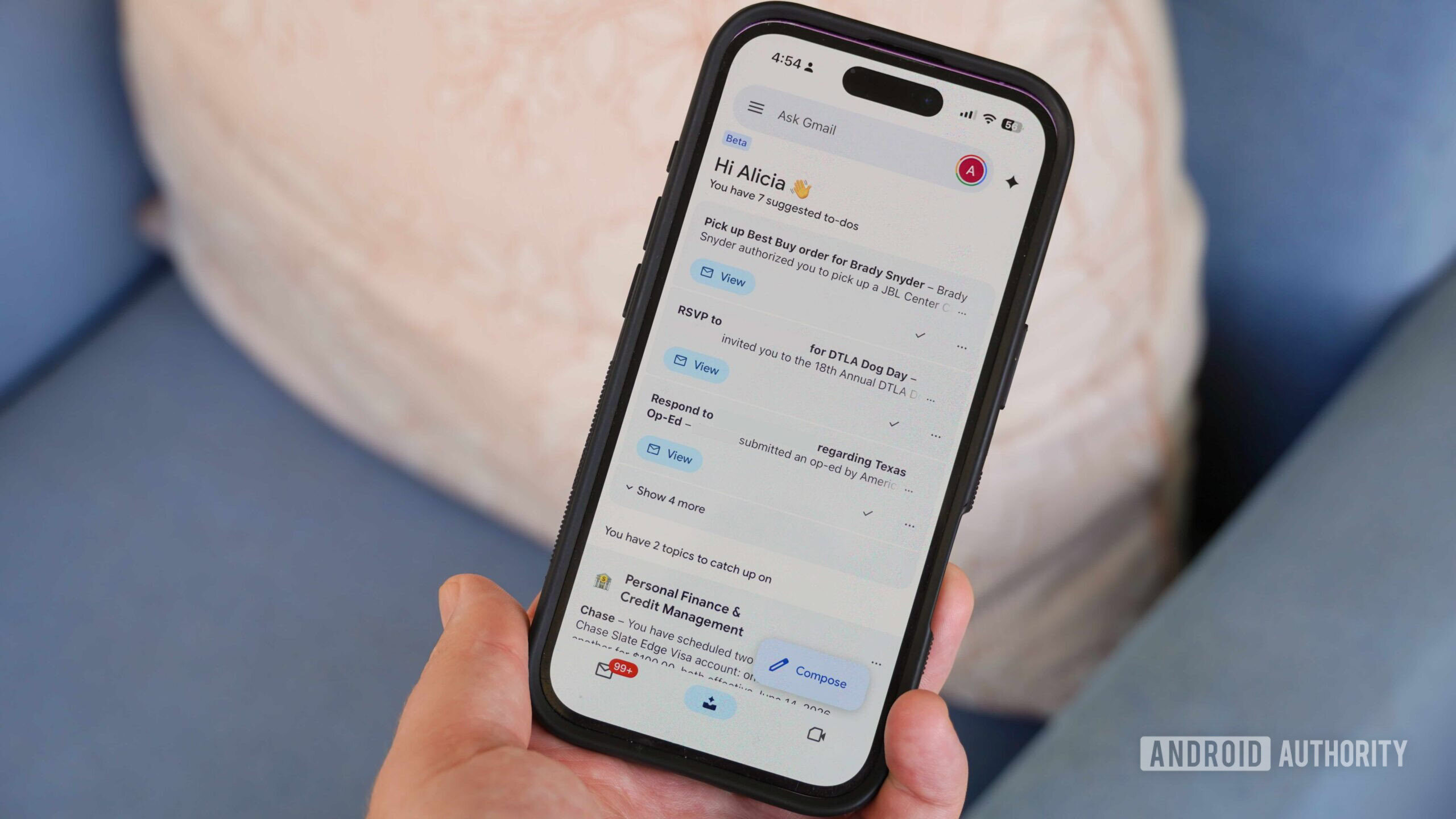 Gmail's AI Inbox feature on an iPhone.