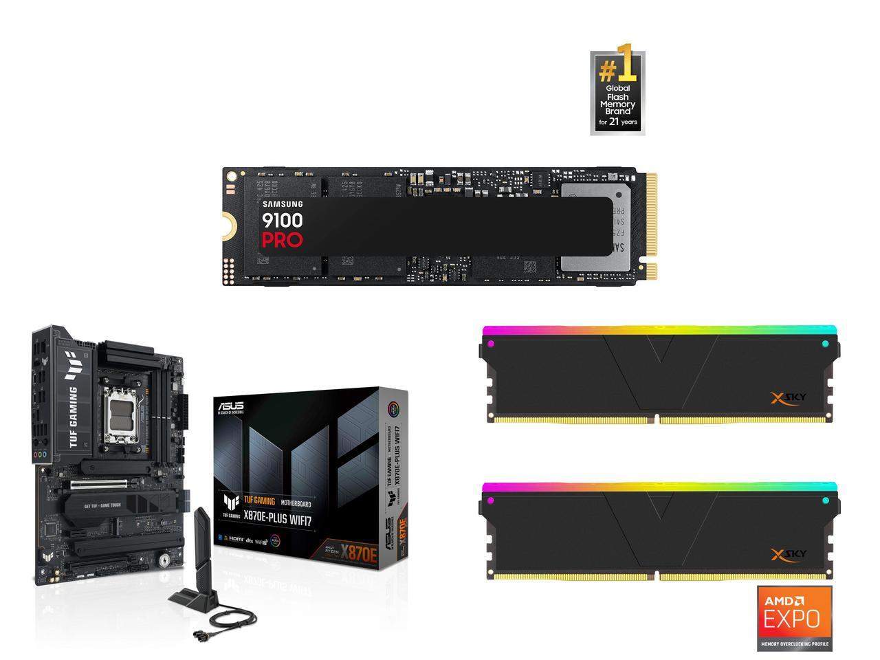 Save $447 on this 3-item combo from Newegg - just $1,082 buys a speedy, huge 4TB Samsung 9100 Pro SSD, 32GB DDR5 RAM, and an Asus TUF Gaming X870E-Plus motherboard during Prime Day sales