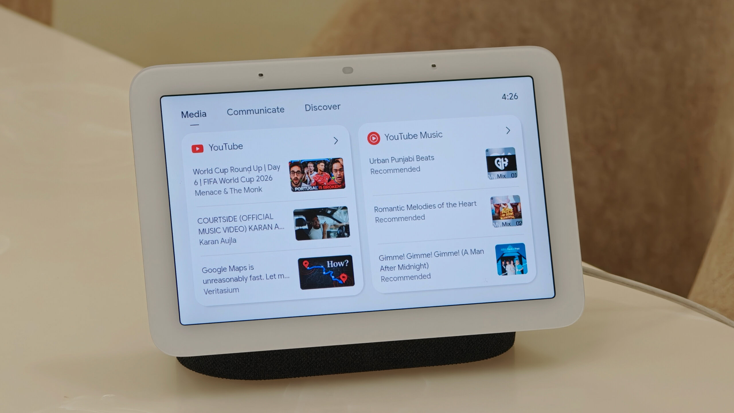 Google Nest Hub smart display interface showing the Media tab with recommendations for YouTube and YouTube Music