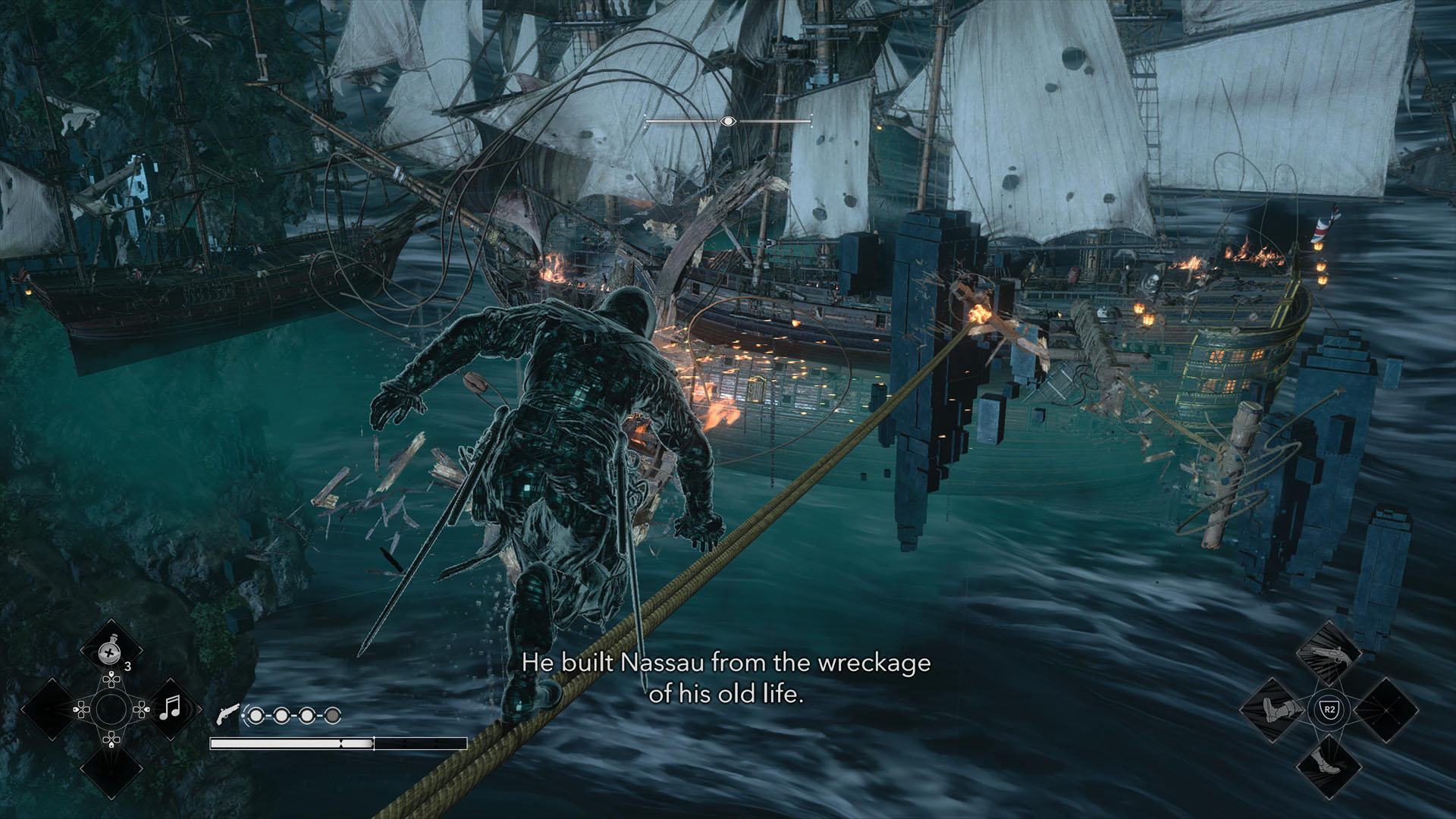 Running through the Animus Ego recreation of Blackbeard's life story in Assassin's Creed Black Flag Resynced, above a digital whirlpool