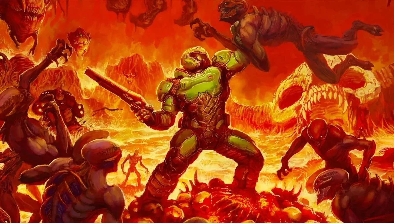 Art shows Doom Slayer killing demons.