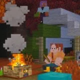 Minecraft characters sit around a camp fire.