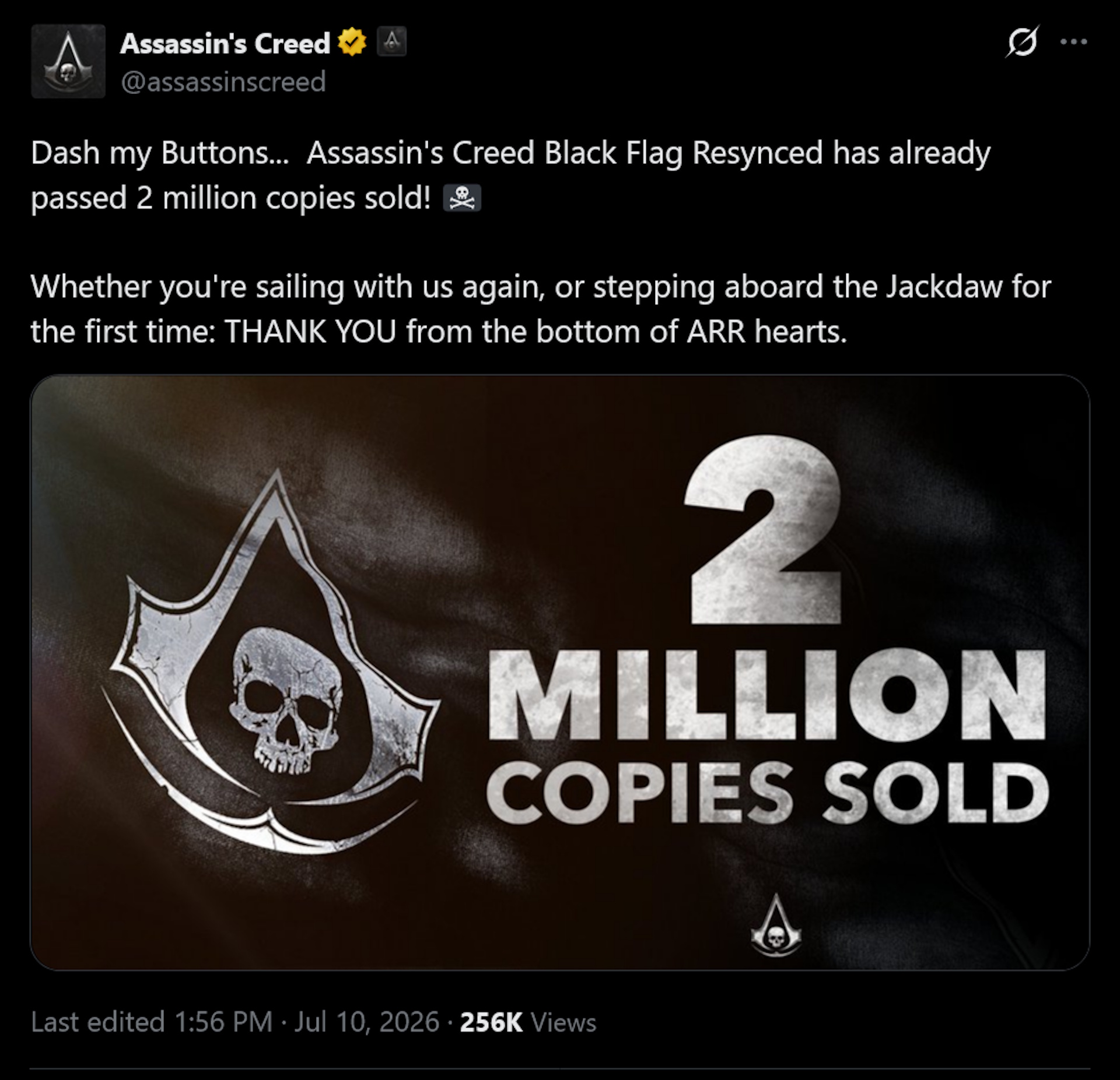 Assassin's Creed Black Flag Resynced sells 2 million copies in 1 day and achieves the 'highest concurrent player count ever recorded for an Assassin's Creed title' on Steam