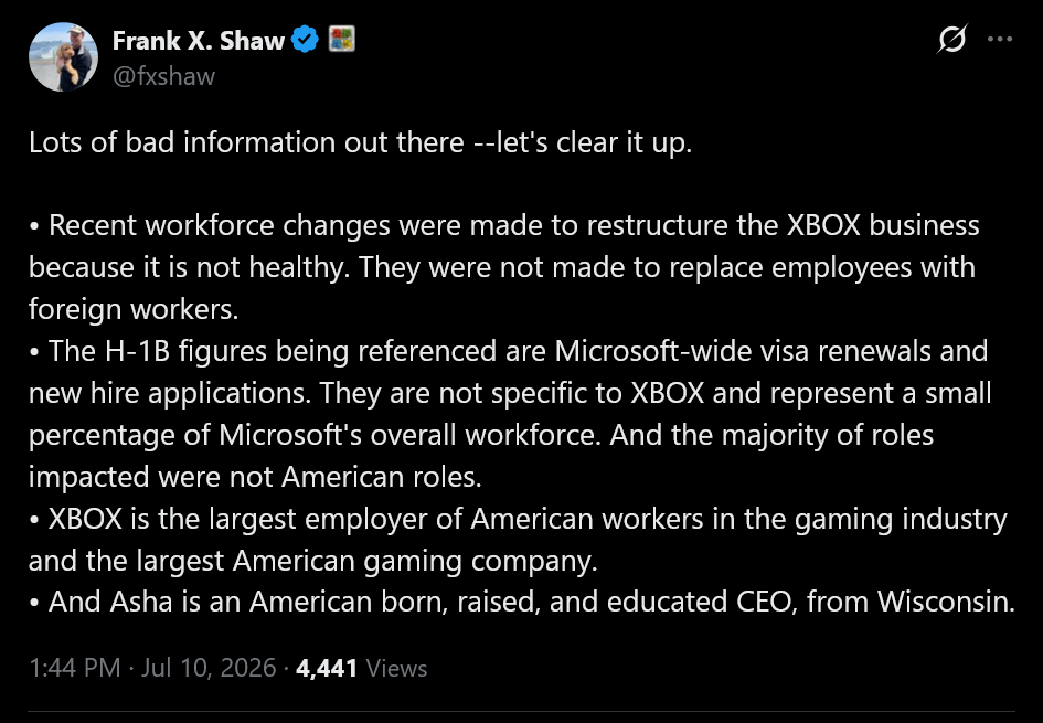Microsoft responds to racist Xbox layoff conspiracy theory, says CEO Asha Sharma is 'American born, raised, and educated'