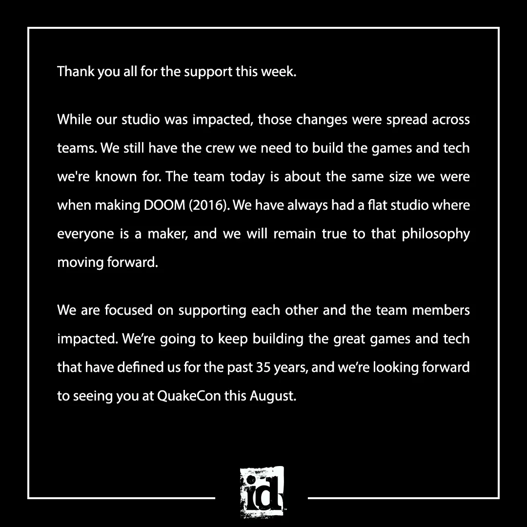 id Software provides proof of life, says it 'still has the crew we need to build the games and tech we're known for' after massive layoffs