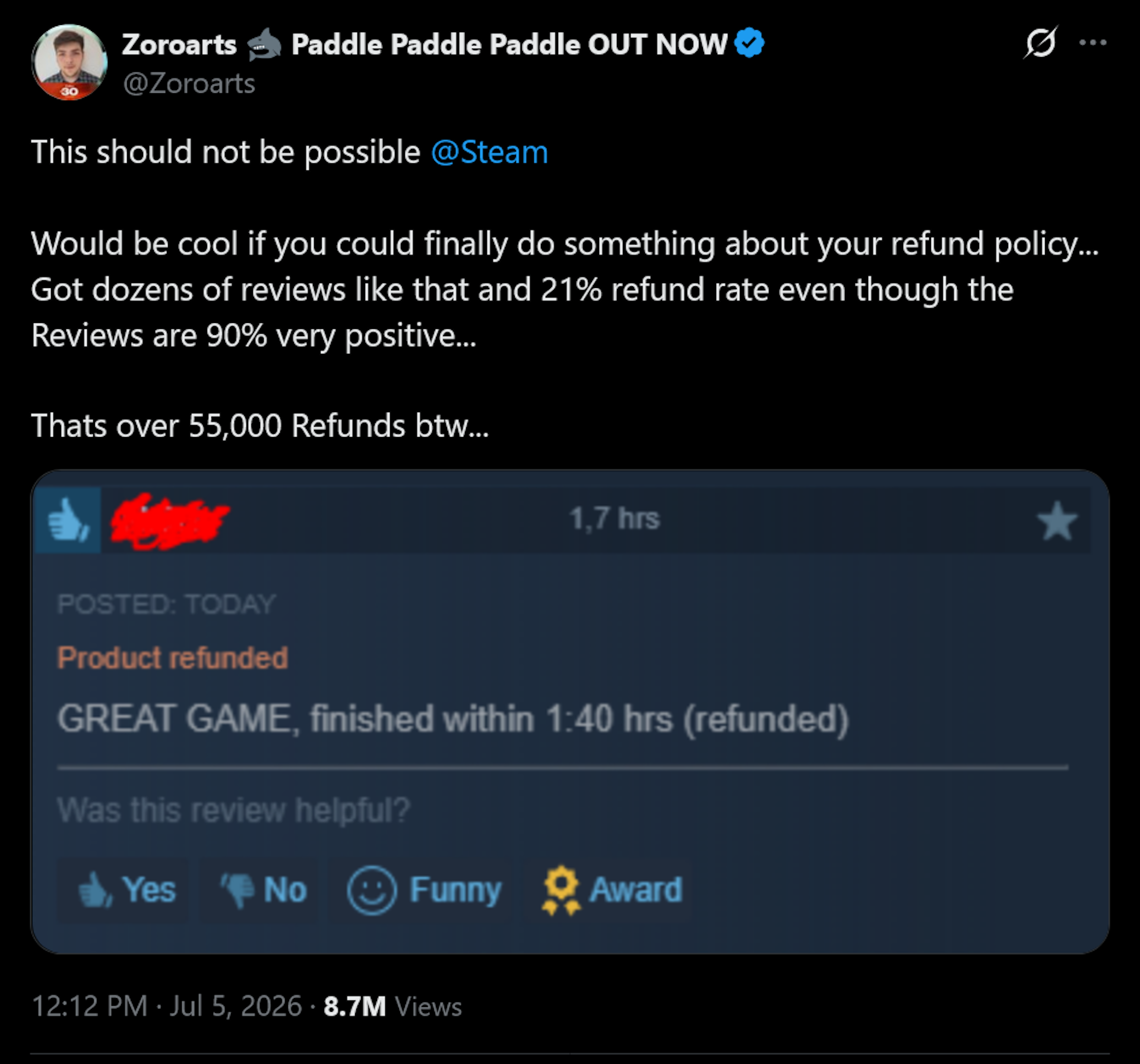 Indie dev defends criticism of Steam refund abuse amid review bombing of his game: 'It's wrong to refund a game after having fun with it and completing it'