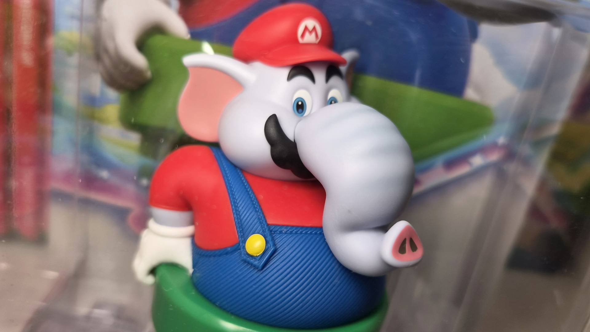 Close up photo of the Elephant Mario amiibo in its packaging.