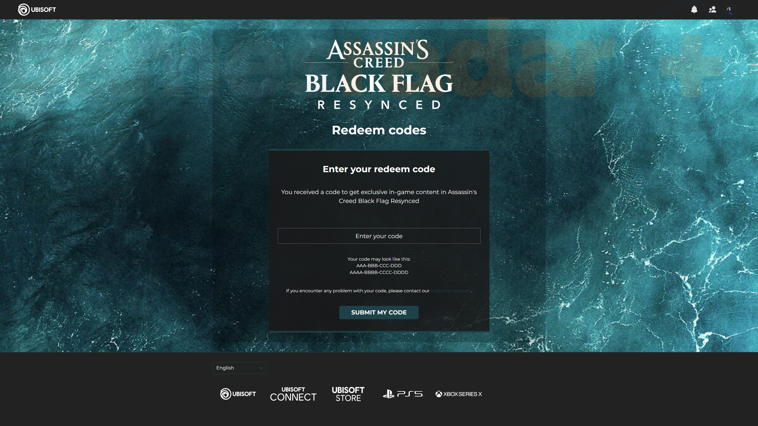 The Ubisoft website used to redeem Black Flag Resynced codes