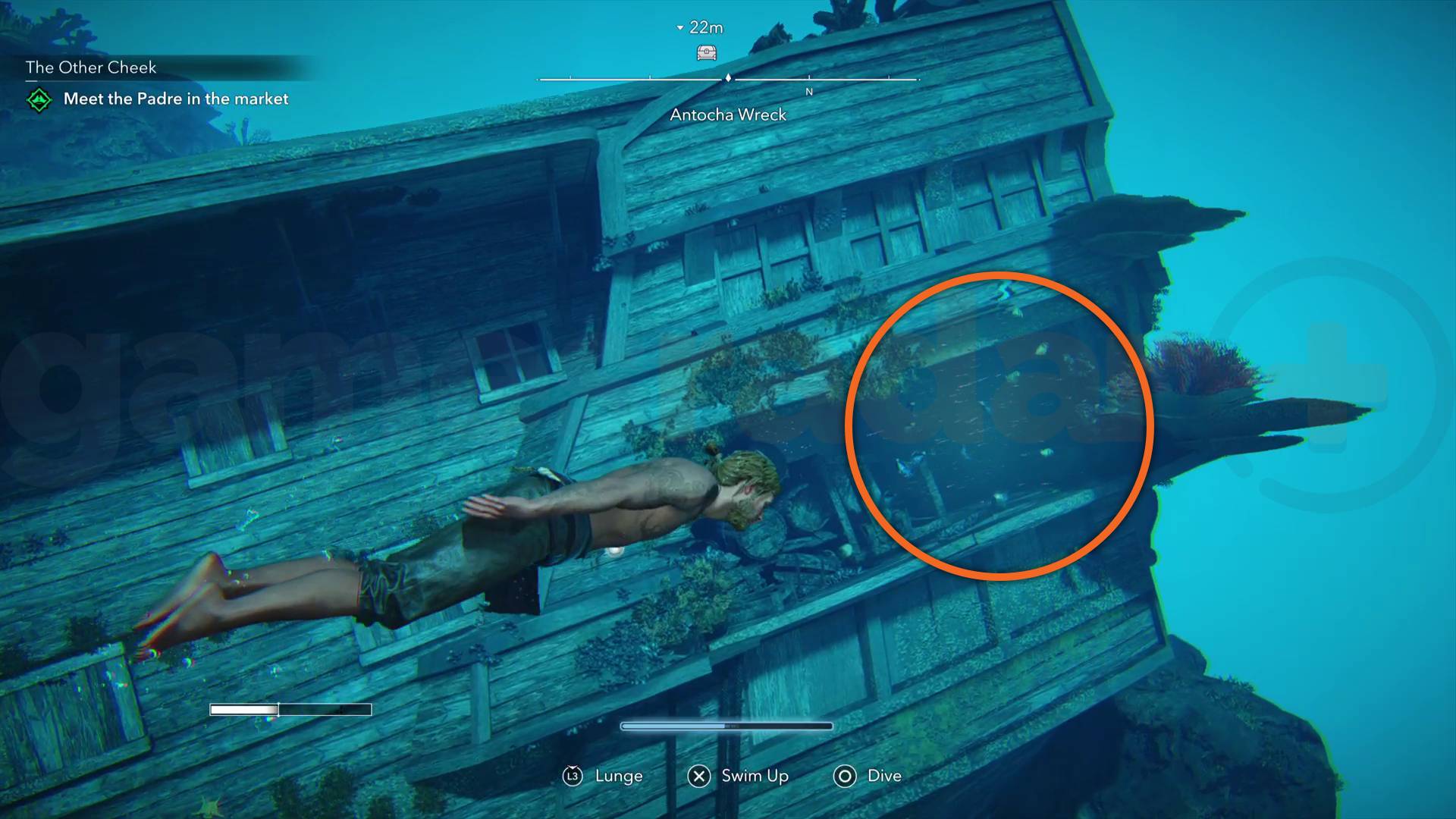 Black Flag Resynced Edward swimming towards opening in the stern of the Antocha Wreck