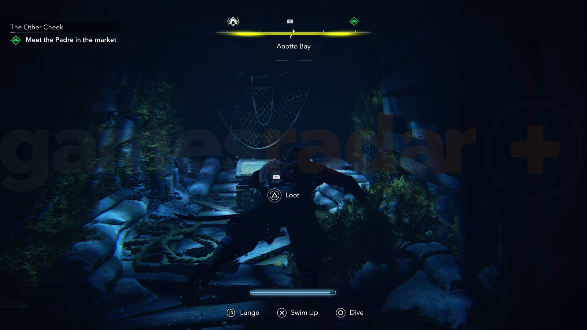 Black Flag Resynced Edward swimming to loot the second Anotto Bay chest