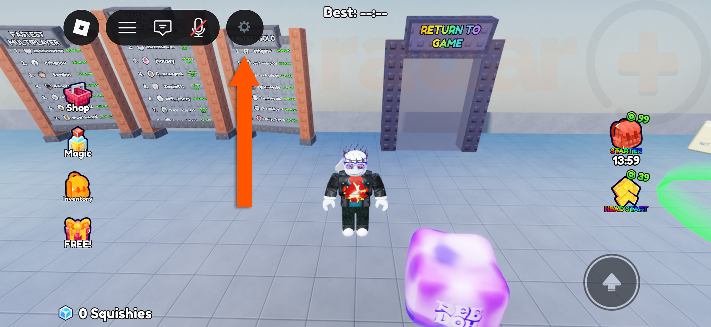 An orange arrow pointing at the menu button used to redeem Clean the Squishies codes