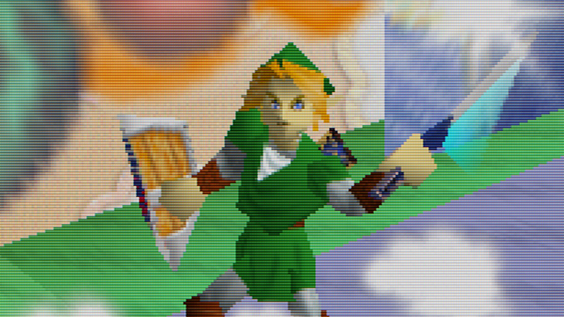 4K Analogue 3D screenshot of Link in Super Smash Bros swinging sword and holding sheild.