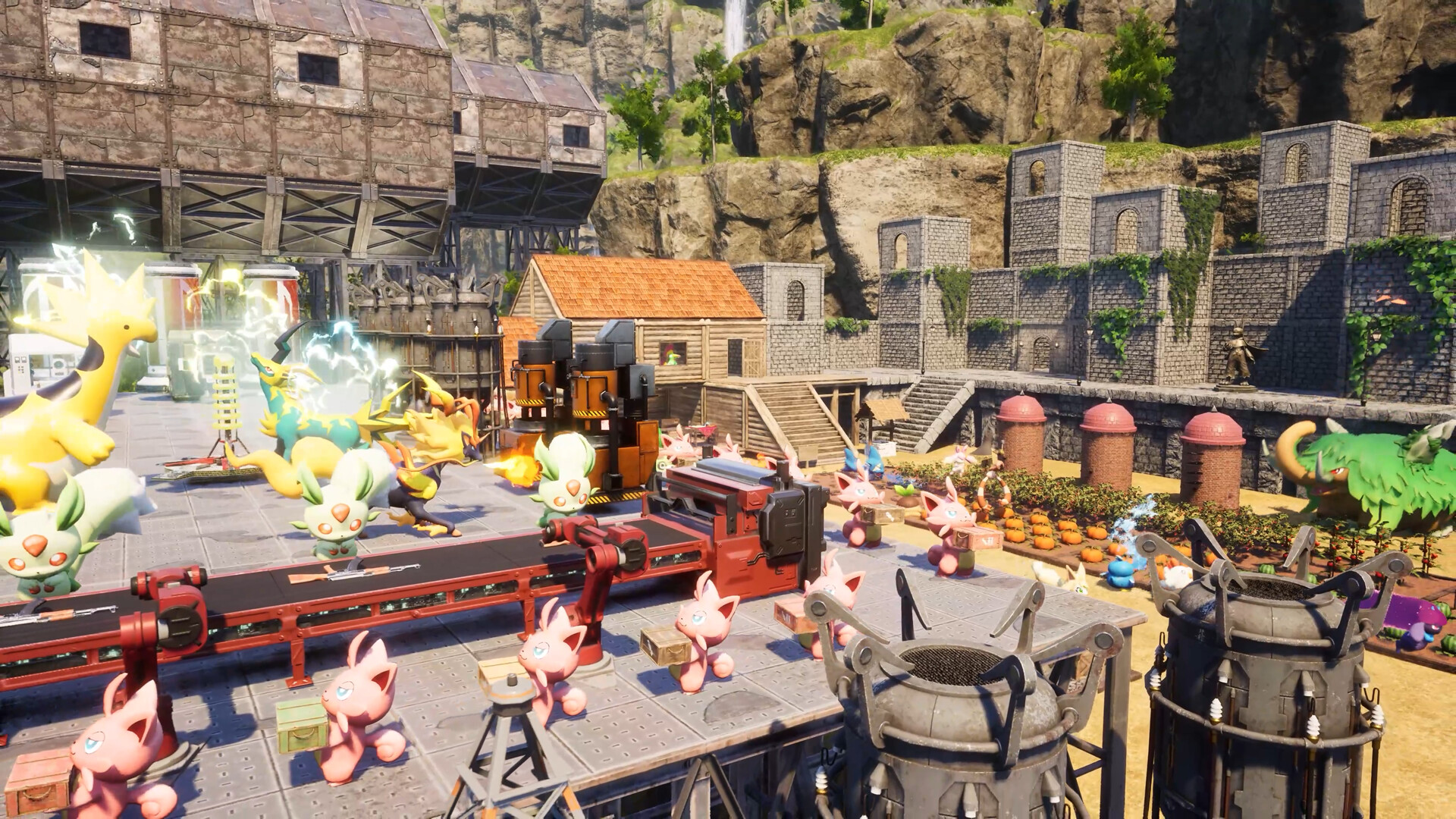 An industrious Palworld base features plenty of Pal creatures hard at work, from toiling a farm to carrying boxes