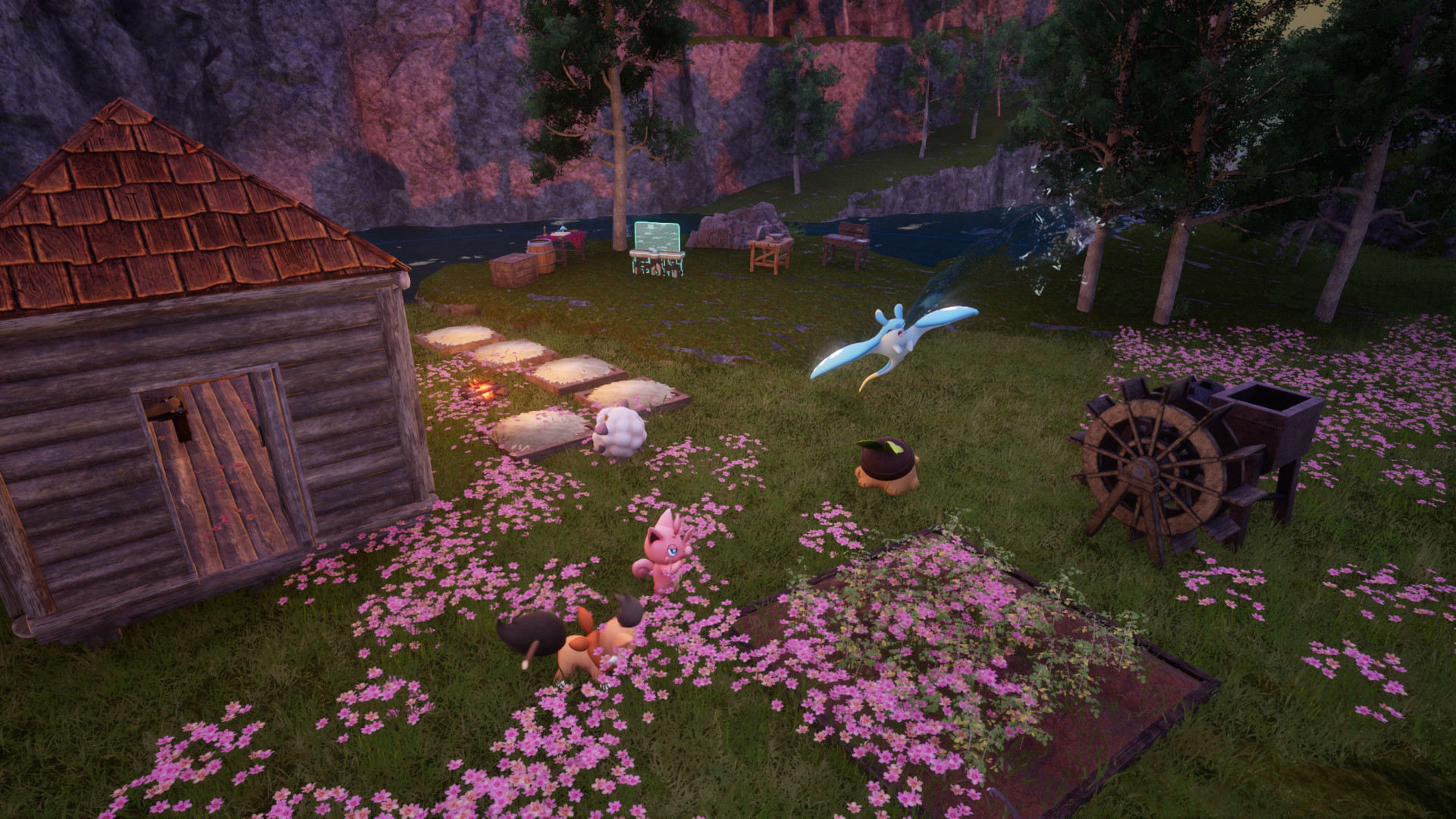 An early base in Palworld looks like a cabin in the woods, with various Pal creatures wandering its grounds