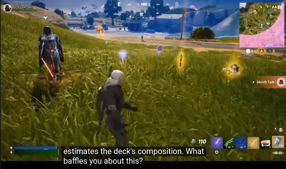Fortnite player approaches Darth Vader and glowing loot in a grassy field.