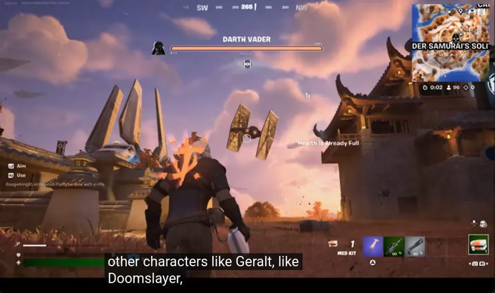 Fortnite player aiming at a TIE fighter with Darth Vader health bar above the sky