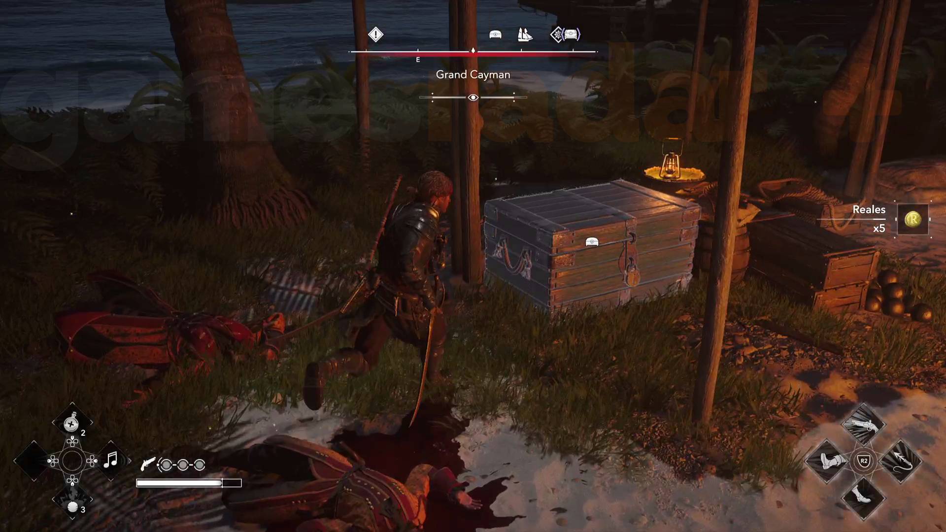 Assassin's Creed Black Flag Resynced Edwards running up to a chest surrounded by dead spanish soldiers in Grand Cayman