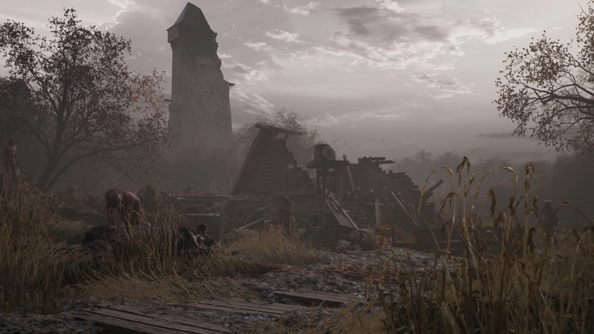 Hunger screenshot showing an abandoned and ruined building with pink fleshy zombie-like infected standing around it