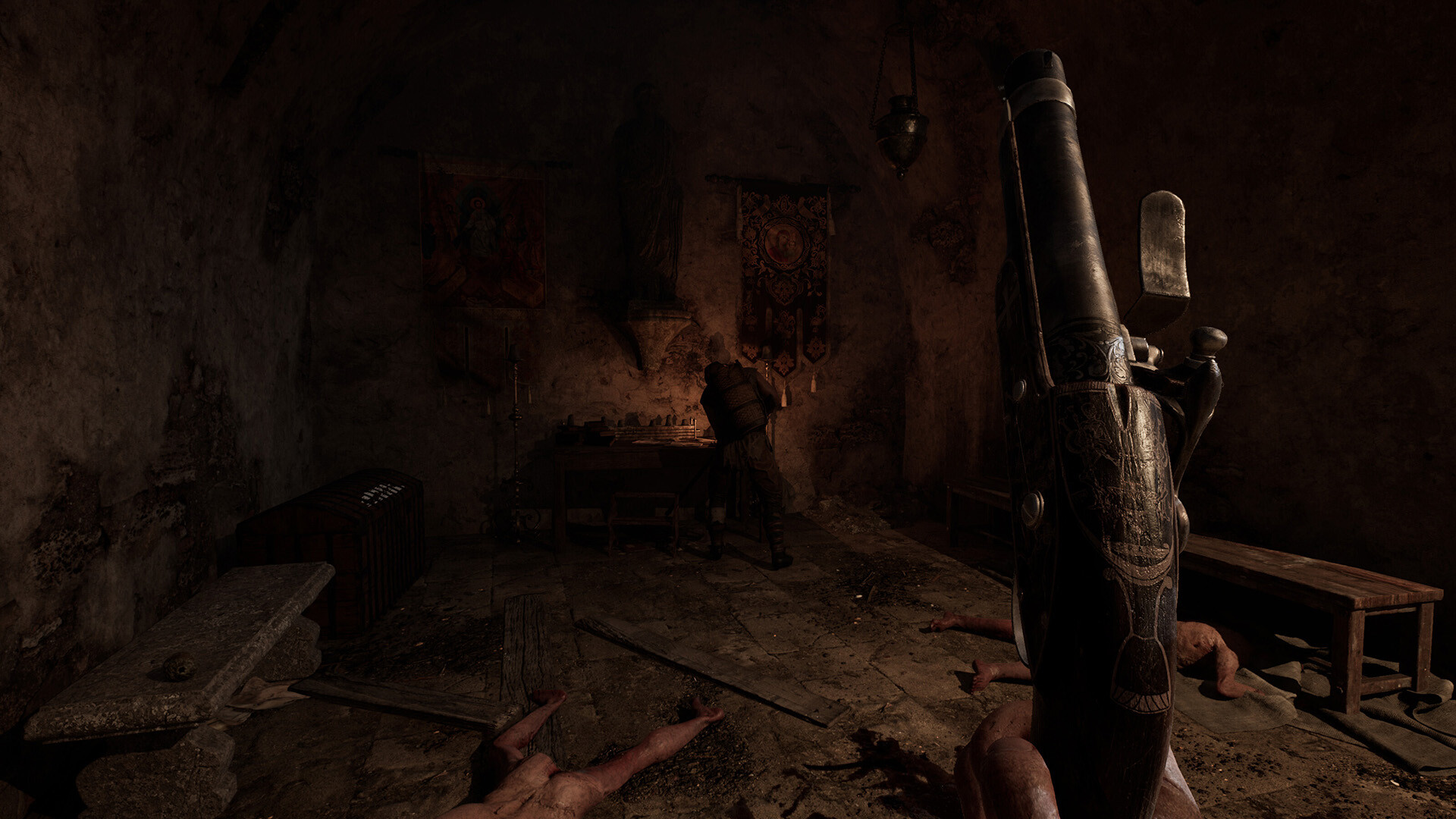 Hunger gameplay that shows the player approaching someone hunched over a candle, with the player's flintlock pistol drawn
