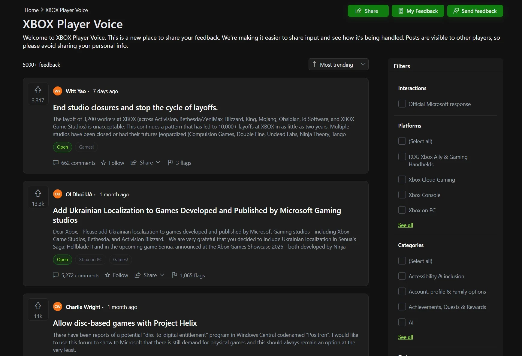 A screenshot shows posts on the player voice portal. 