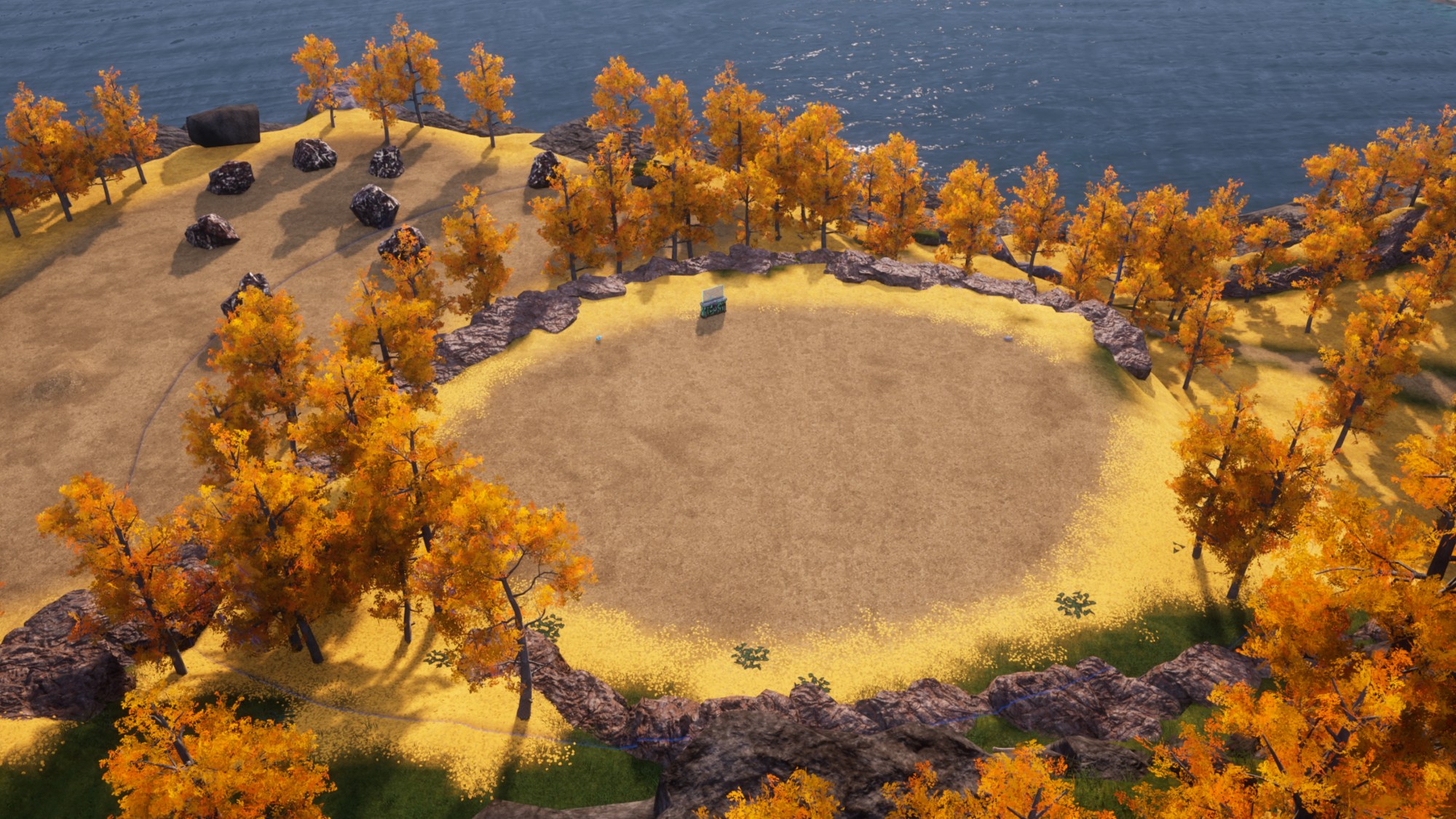 A yellow and red, autumn-like biome in Palworld that's mostly cleared out. I