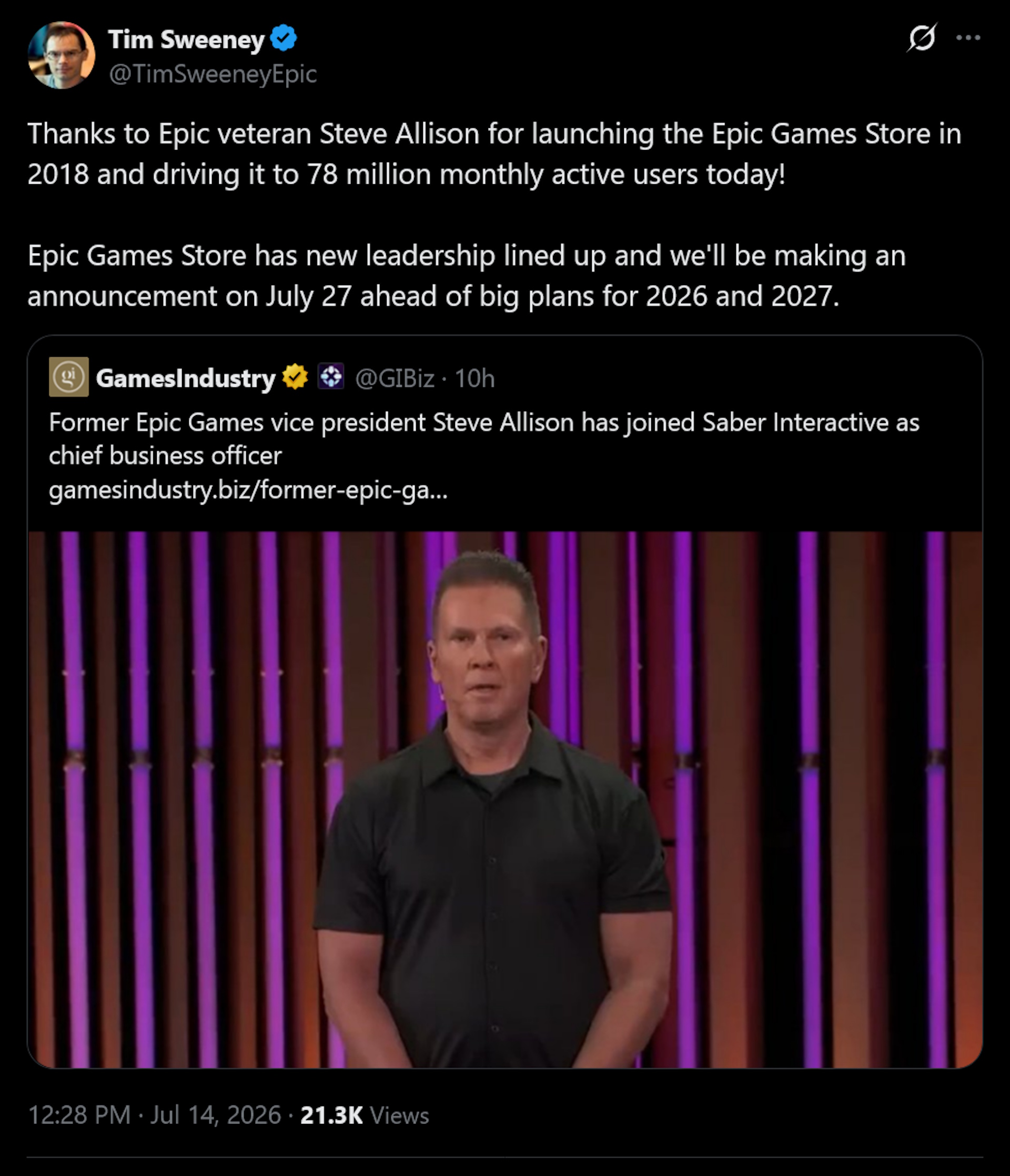 Epic Games Store boss quits after 8 years to take up new role at Saber Interactive