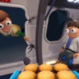 Someone flies out the hatch as others are served hamburgers.