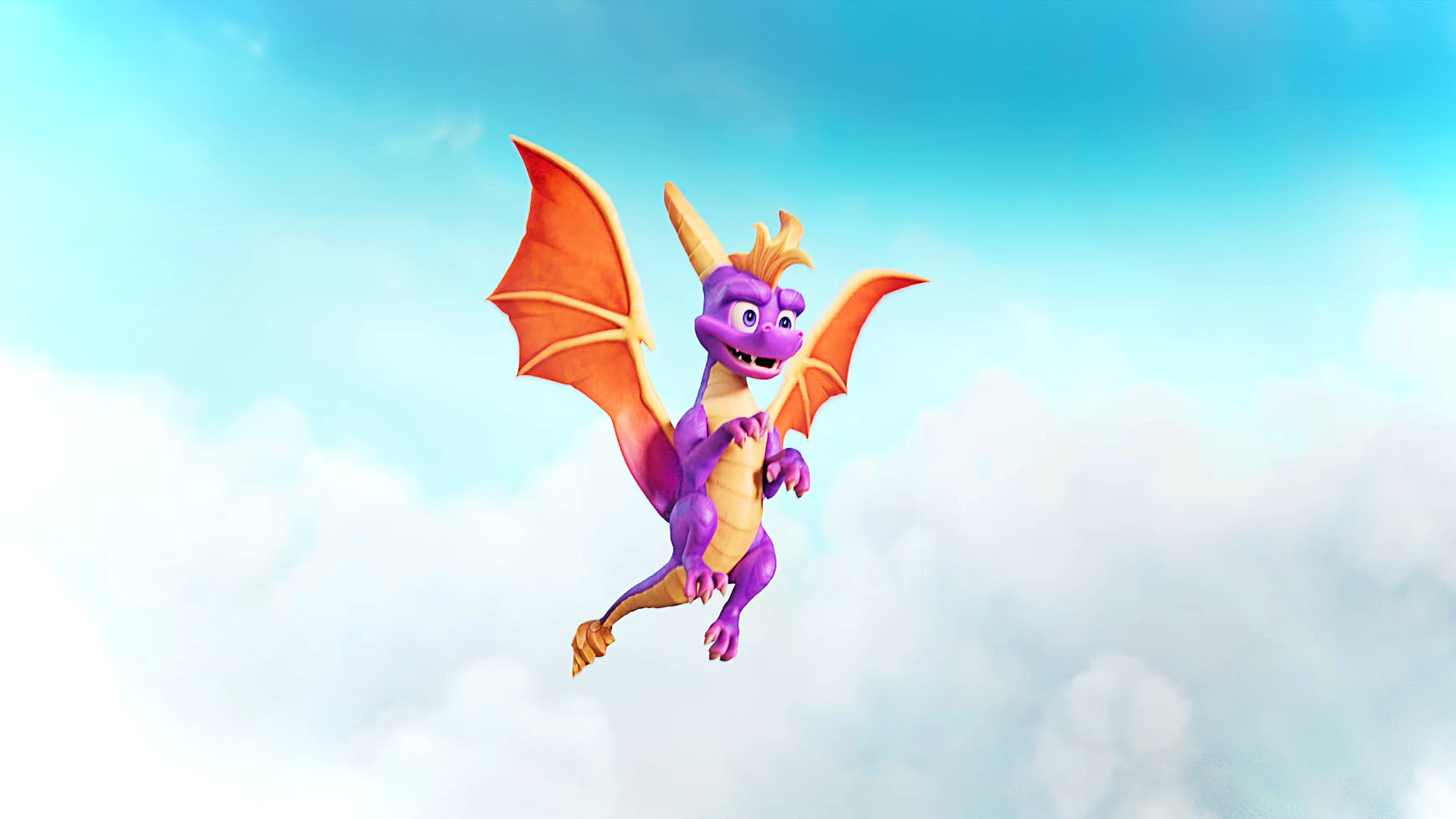 Spyro: A Realm Beyond screenshot showing Spyro hovering with wings outstretched above white fluffy clouds